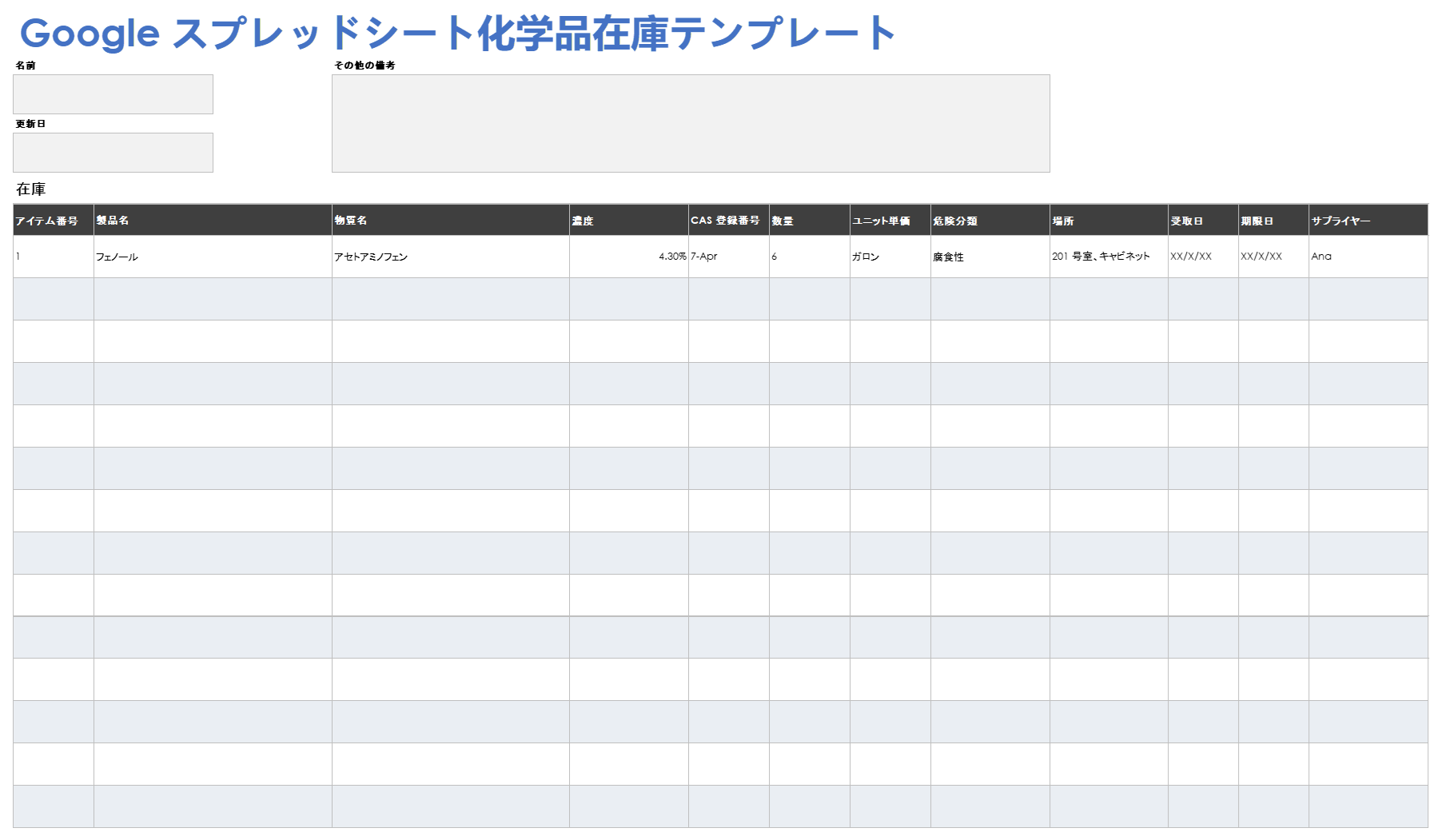 Google スプレッドシートの化学物質インベントリ テンプレート