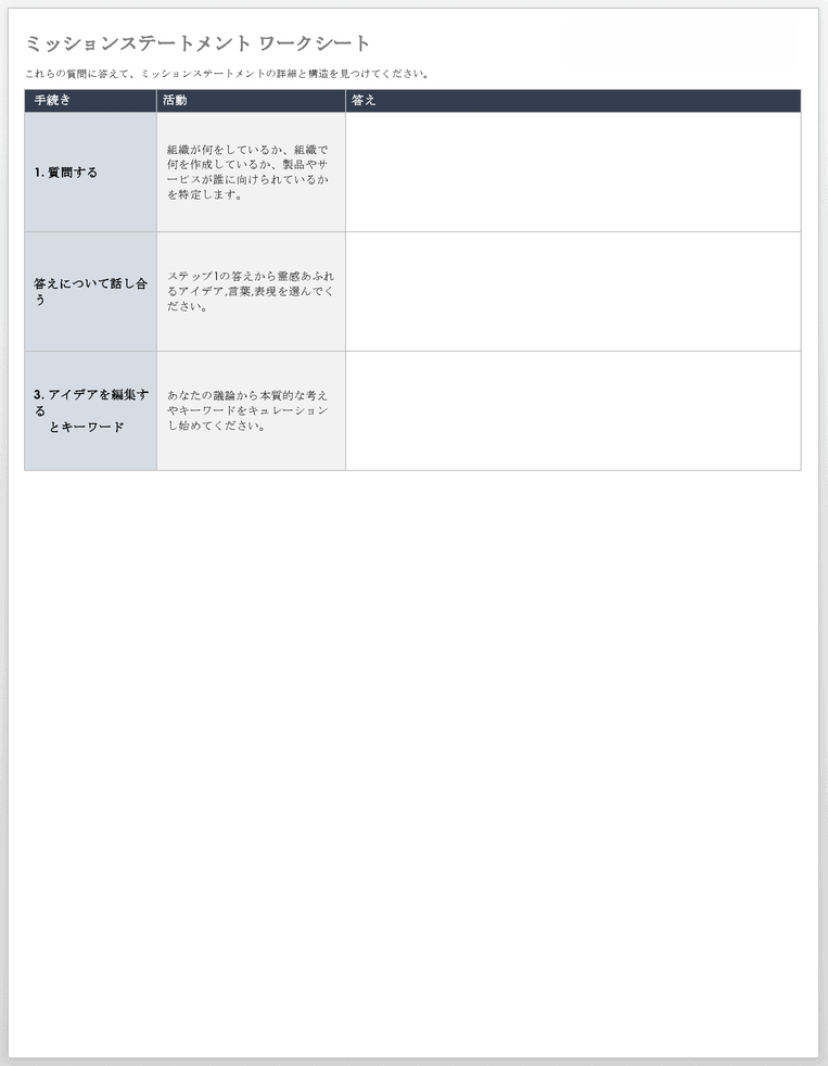 ミッション ステートメント ワークシート